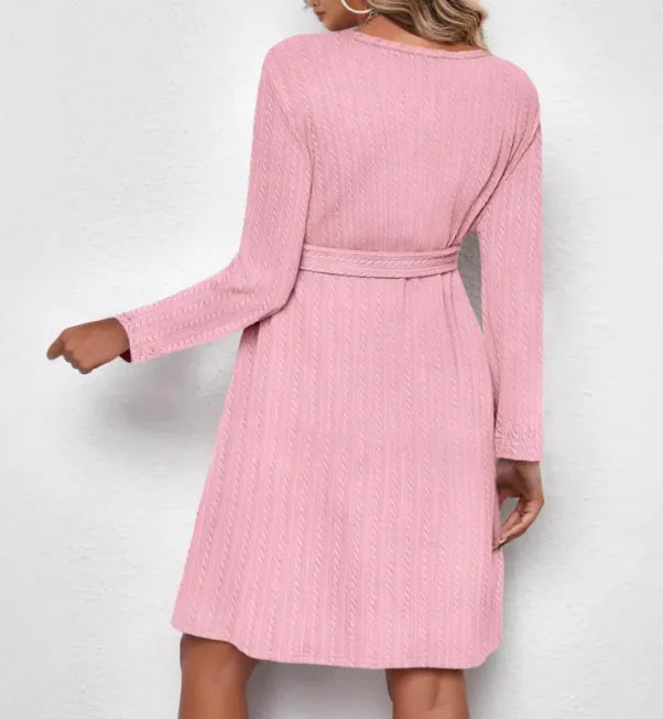 Maternity A-Line Dress with Round Neck, Long Sleeves, and Belt