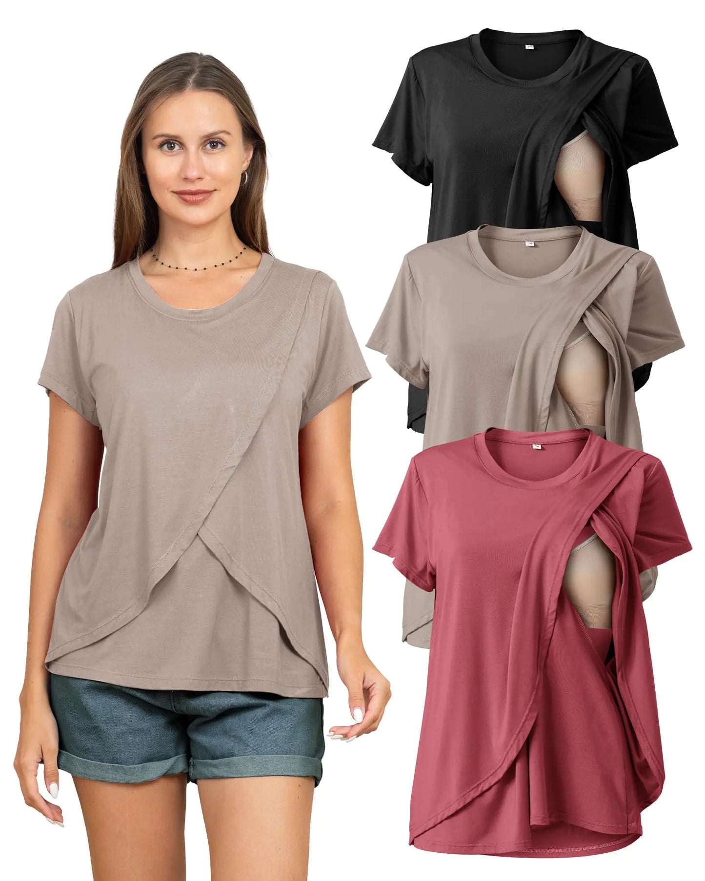 3 Pack Womens Nursing Tops for Breastfeeding Summer Short Sleeve T Shirts Postpartum Double Layer ClothesBlack&Beige&Deep Pink M