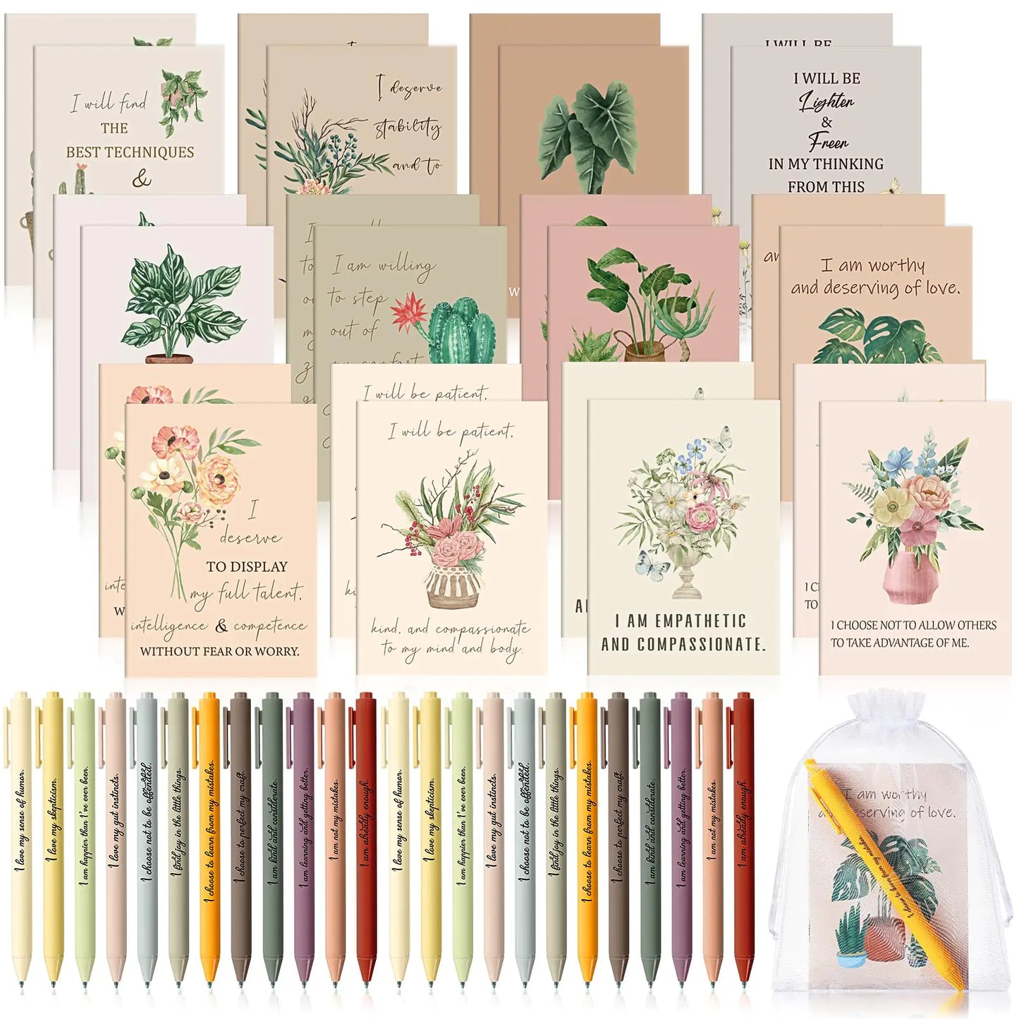 Mooliwe 48 Pcs Positive Affirmation Gift Set Gratitude Notebooks with Pens and Small Bags Motivational Encouragement Notepads Daily Affirmations Journal for Women Stress Relief Self Care Gift (Flower)