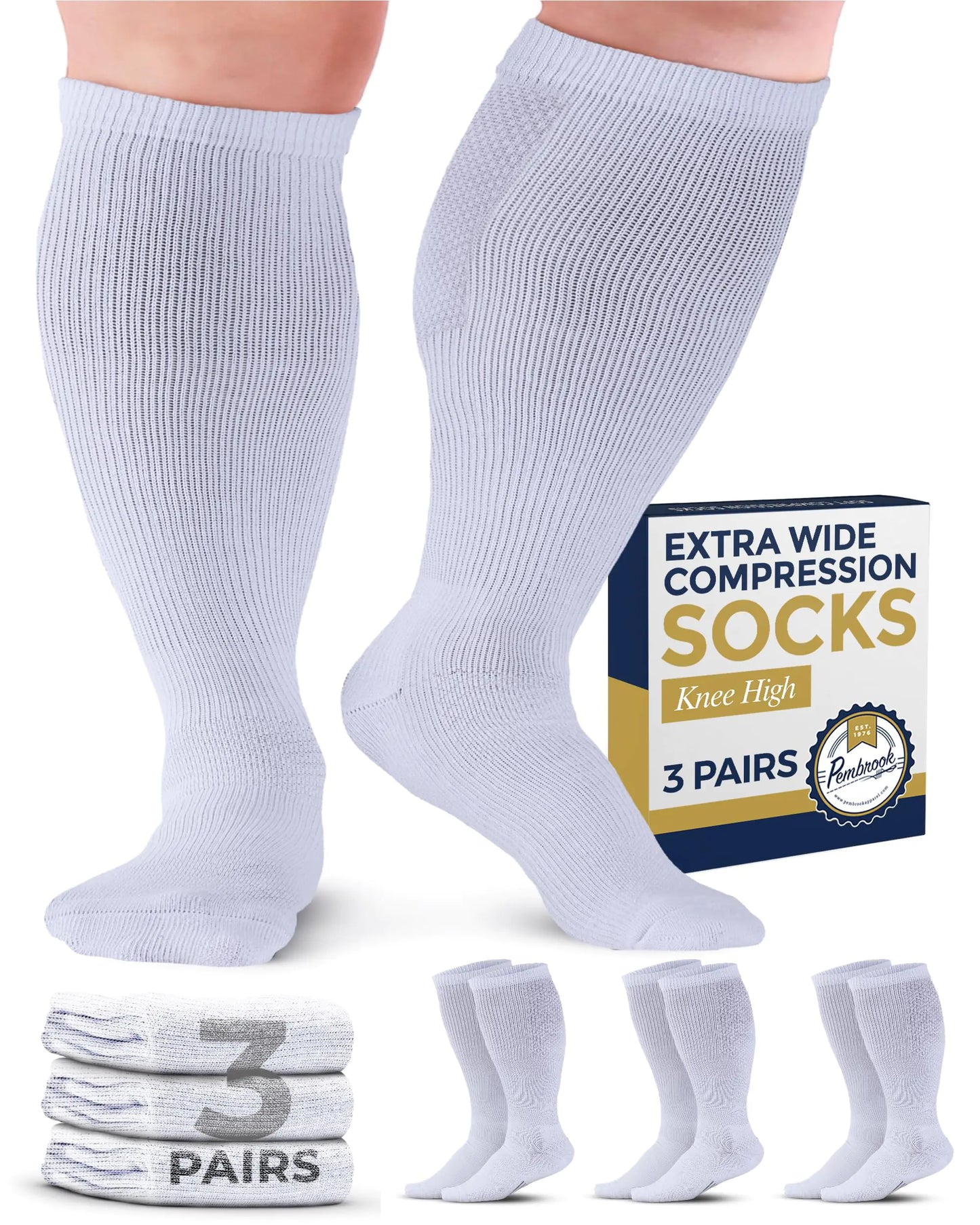 Pembrook 3 Pairs Compression Socks for Women Wide Calf Compression Socks for Women Plus Size Wide Calf Socks for Women Plus Size Compression Socks for Women White