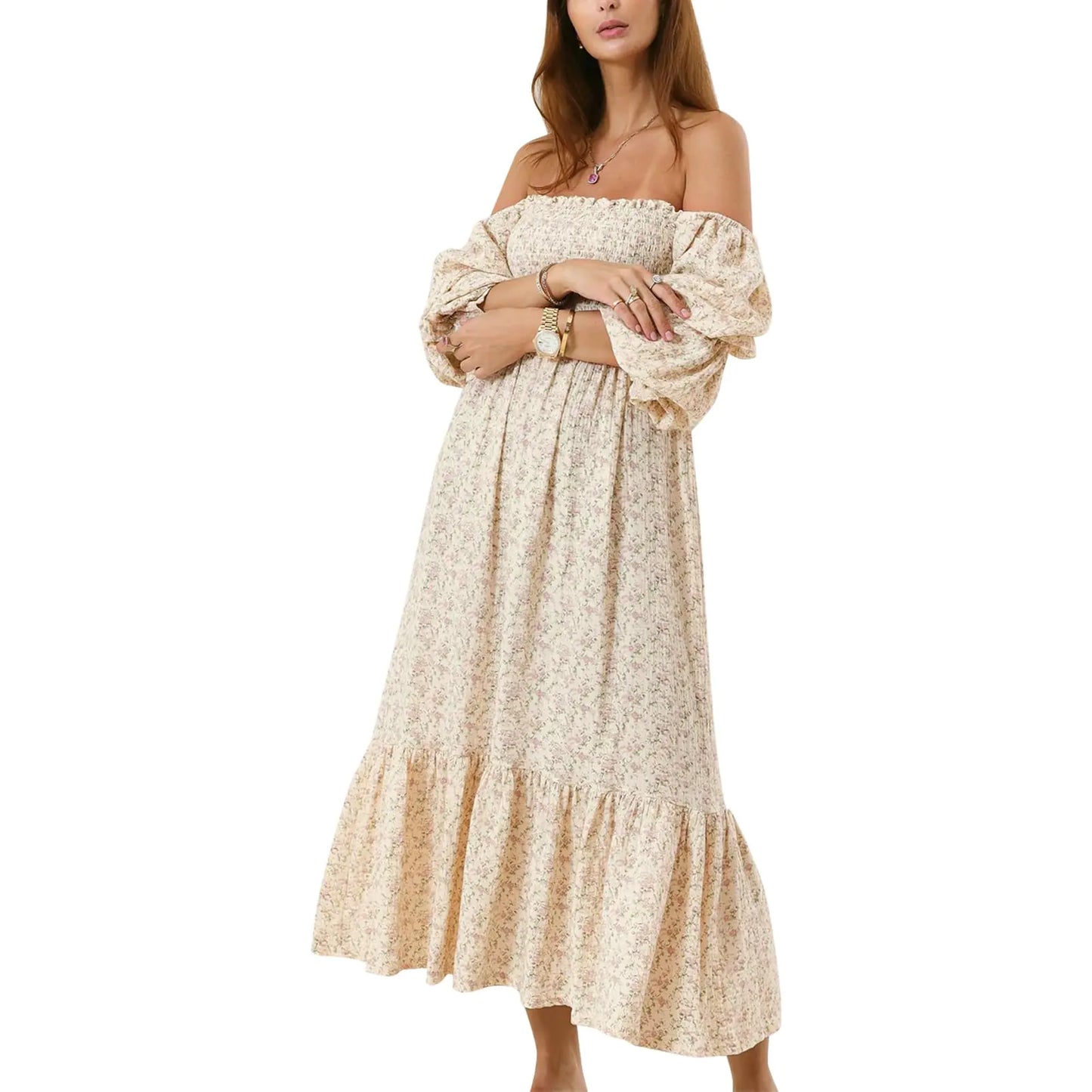 Women Maternity Dress Floral Baby Shower Off Shoulder Puff Sleeve Maternity Boho Smocked Flowy Pregnancy Dresses Apricot L