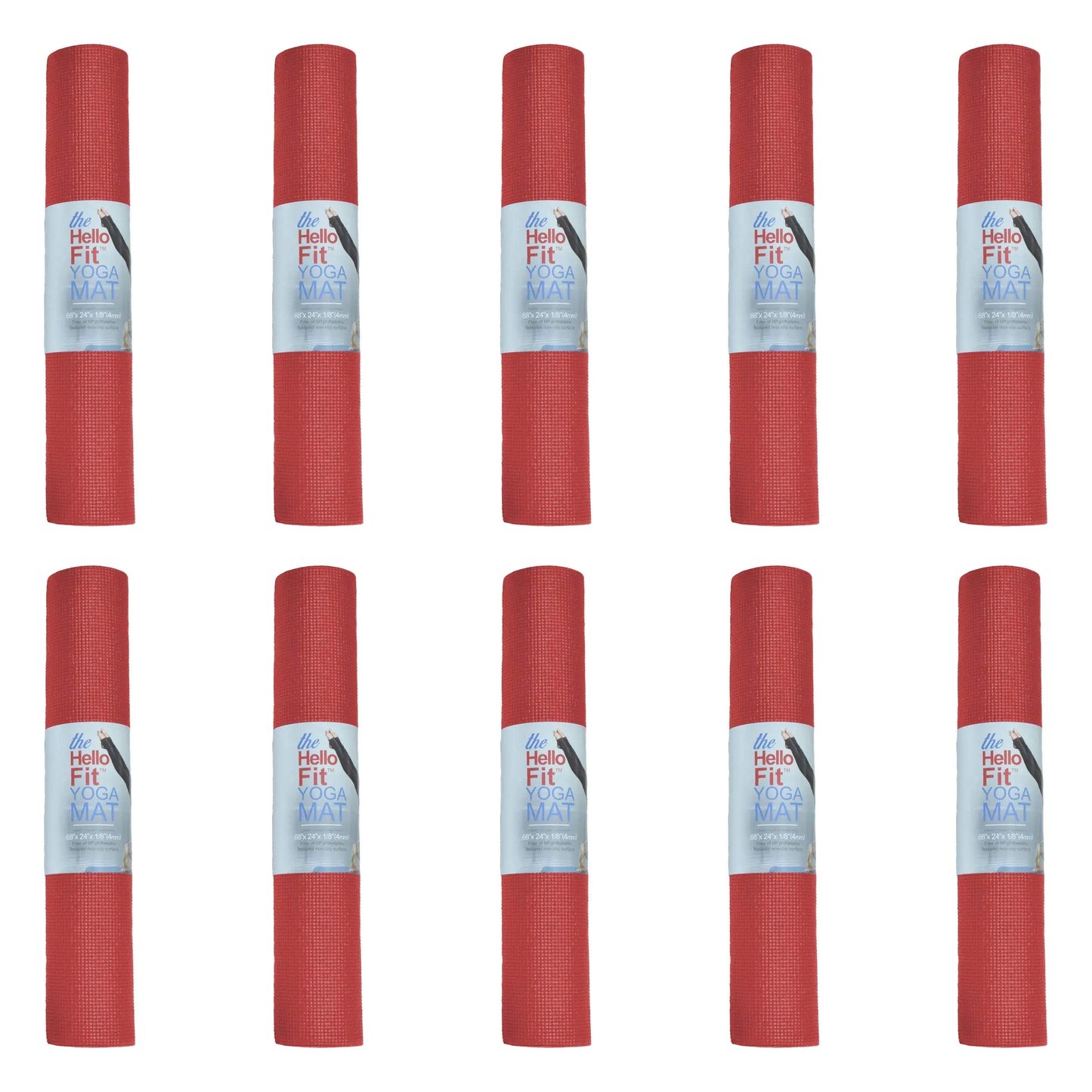 Hello Fit 10-Pack Yoga Mat 68" x 24" Non Slip Exercise Mat 4.5mm Thick Gym Mat for Fitness and Stretching Bulk Non Toxic Yoga Mats for Schools and Studios Red
