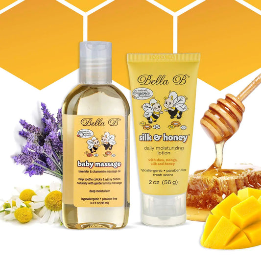 Bella B Bundle Baby Massage Oil 3.3 oz & Silk & Honey Baby Lotion 2 oz - Baby Oil Organic - Organic Baby Oil - Natural Baby Lotion - Organic Baby Lotion - Organic Baby Products - Organic Baby Bath