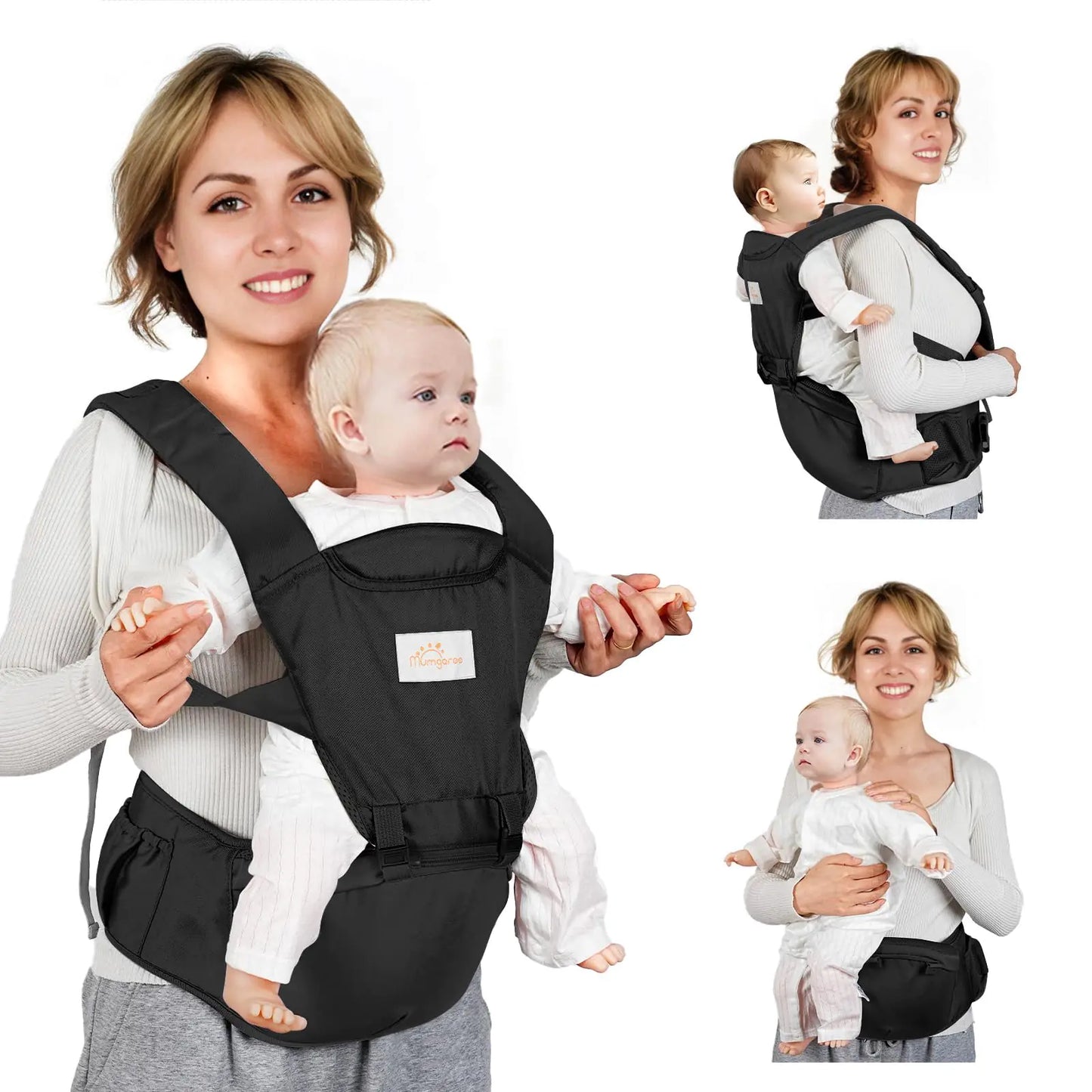 Mumgaroo Baby Carrier 6-in-1 Baby Carrier Newborn to Toddler Front and Back Toddler Carrier One Size Fits All Adjustable with Hip Seat for Newborn Infant & Toddler Black