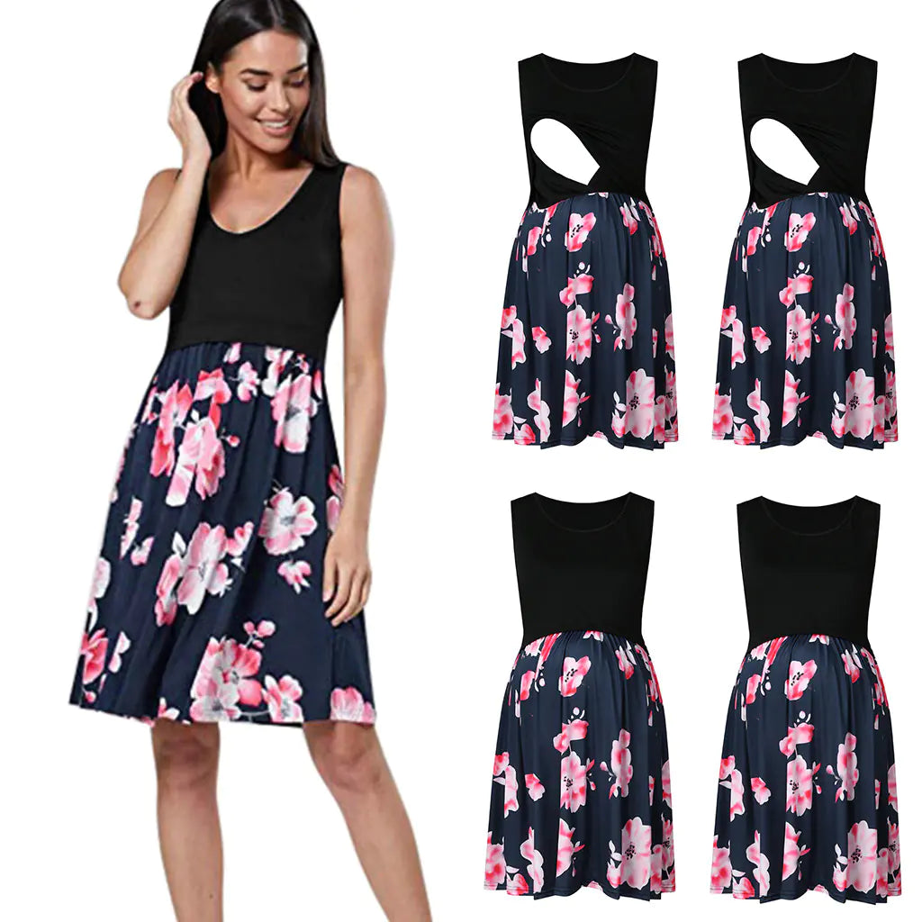 Printed Sleeveless Maternity Dress for Summer Nursing