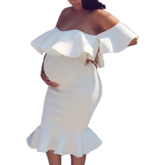 White Elegant Fitted Maternity Dress Plus Size for Baby Shower Off The Shoulder Tiered Ruffle Short Sleeve Mermaid Midi Dress Summer for Pregnant Women 2023