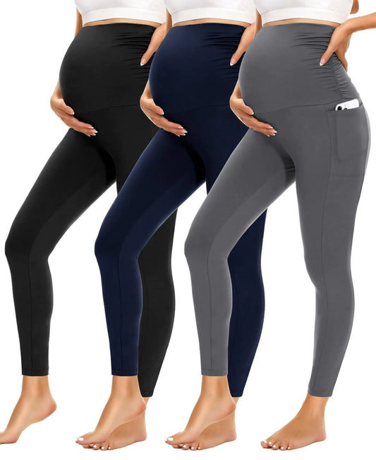 Womens Maternity Leggings with Pockets - 3 Packs Pregnancy Soft Workout Activewear Yoga Tights Pants