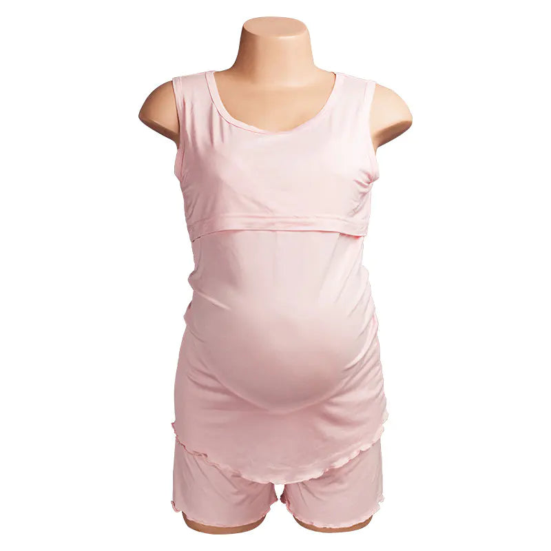 Summer Maternity Pajama Set with Nursing Tank and Shorts