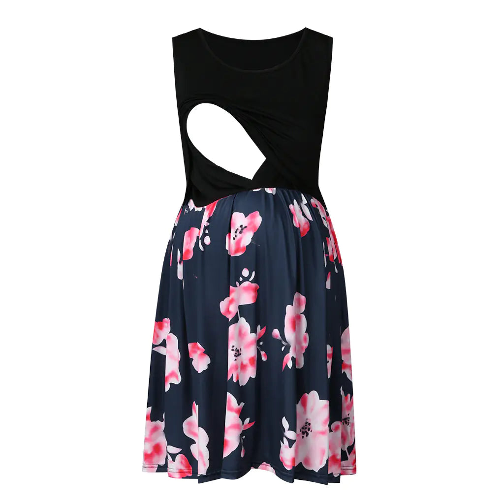 Printed Sleeveless Maternity Dress for Summer Nursing