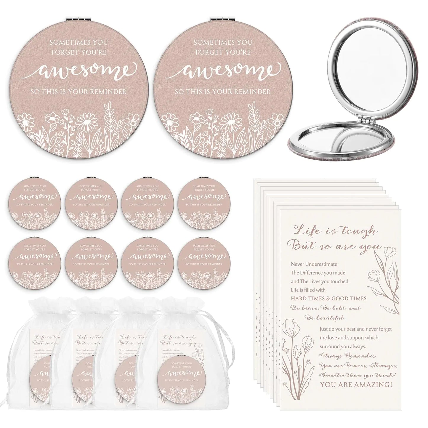 CroBlissful 12 Set Inspirational Gifts for Women Bulk Motivational Compact Mirror Makeup Pocket Mirror for Purse Double Sided Folding Mirror Inspirational Gift Cards with Bag for Women (Classic)