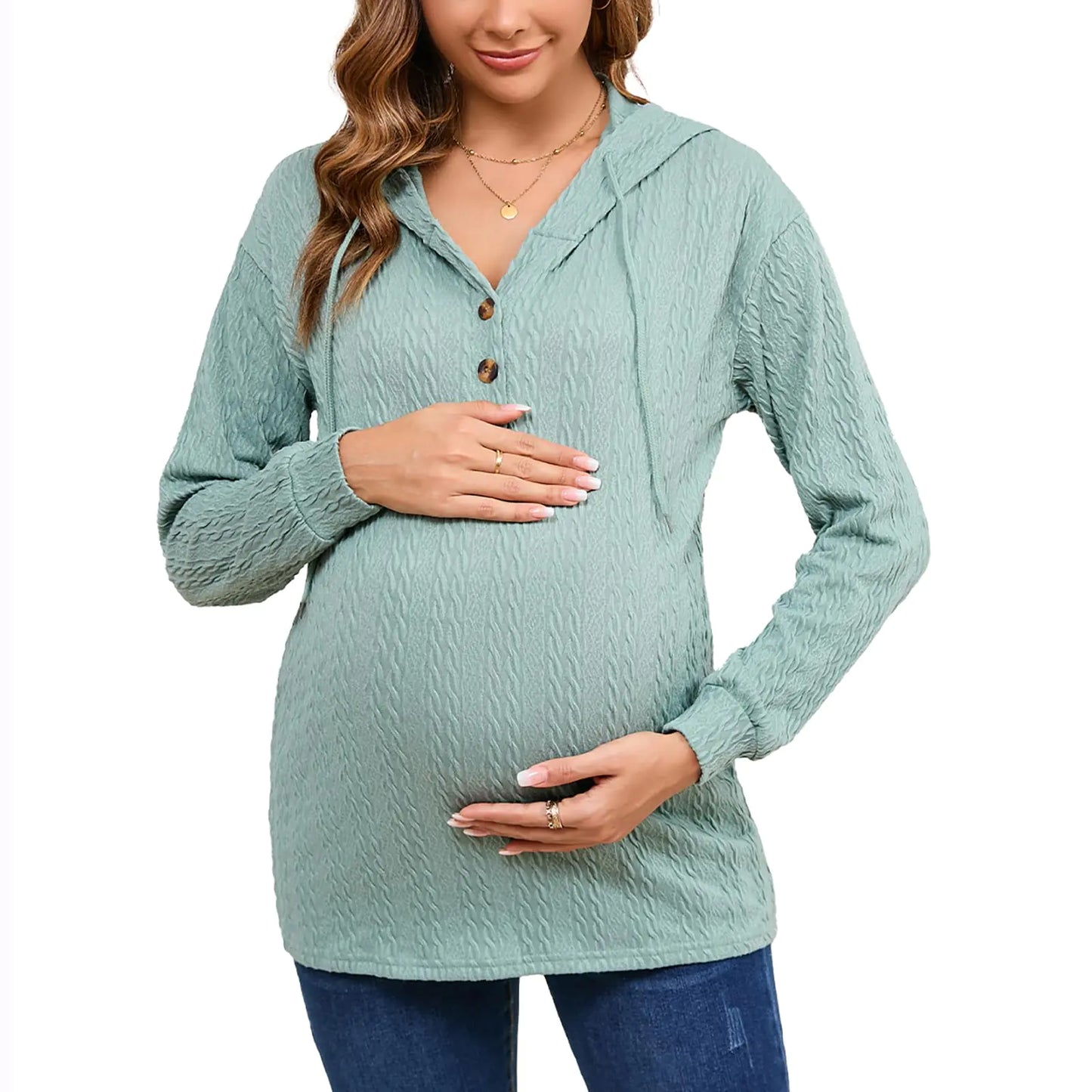 Nursing Tops Long Sleeve Maternity Shirts Button Hoodie Sweatshirt Pregnancy Tops Dark Green