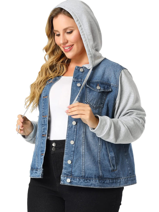 Agnes Orinda Womens Plus Size Layered Drawstring Hoodie Denim Jacket Jean Jackets with Pockets 1X Blue