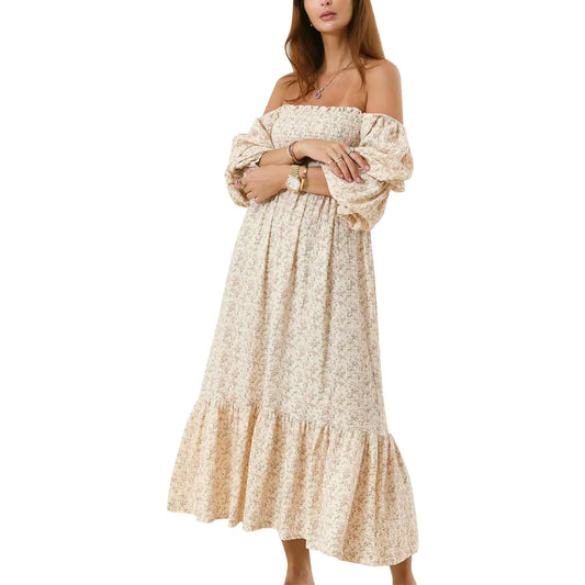 Women Maternity Dress Floral Baby Shower Off Shoulder Puff Sleeve Maternity Boho Smocked Flowy Pregnancy Dresses Apricot L