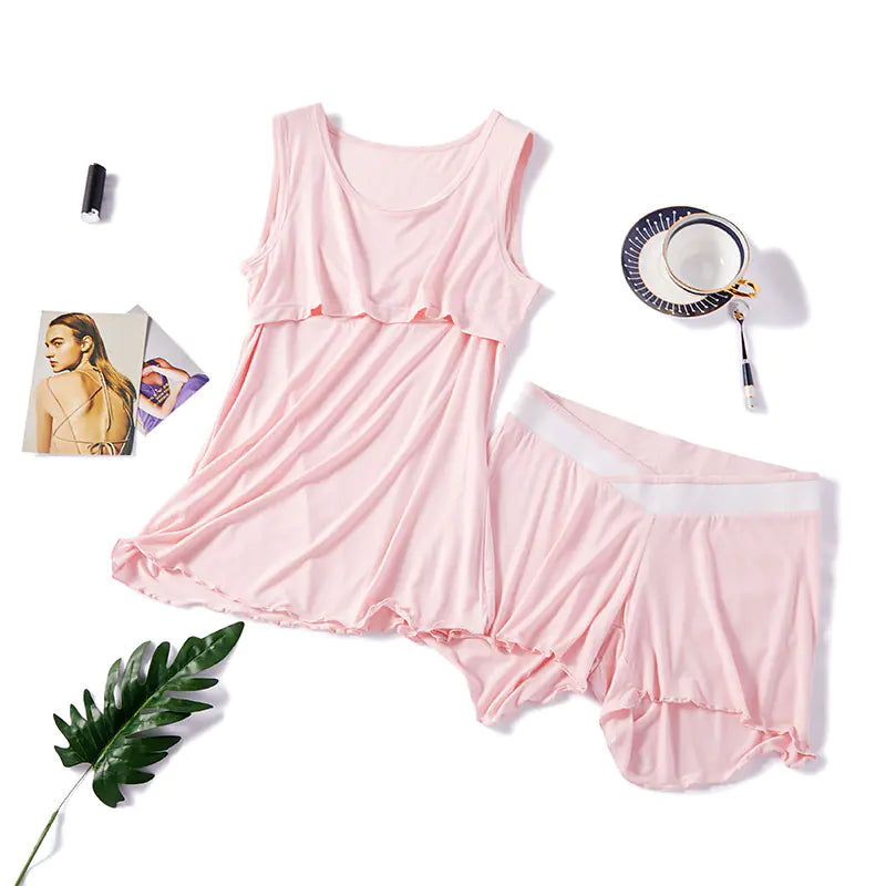 Summer Maternity Pajama Set with Nursing Tank and Shorts