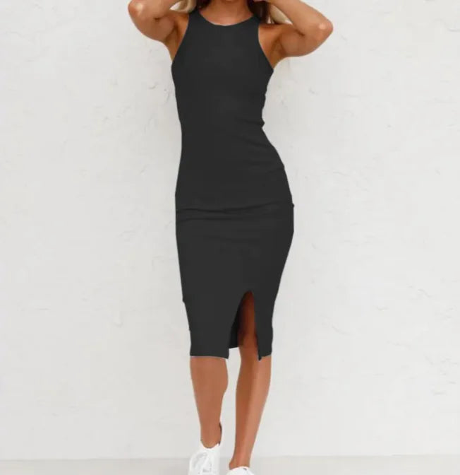 Solid Color Sleeveless Knit Split Long Dress – Women's Summer Casual Vest Dress