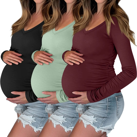 3 Pack Womens V Neck Maternity Shirts Long Sleeve Side Ruched Tops Basic Tunic Tshirt Winter Pregnancy Clothes(Black Wine Red GreenXX-Large)