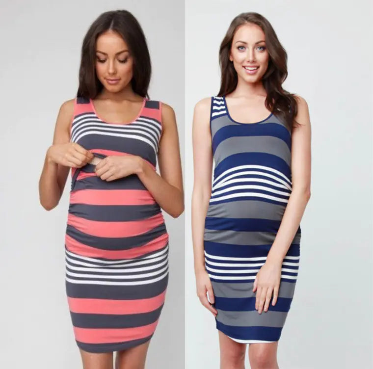 Striped Nursing Dress with Sleeveless Design