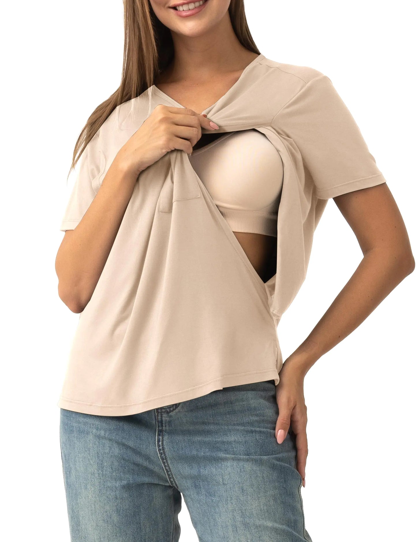 Nursing Tops Breastfeeding Cover Short Sleeves Maternity Tee Shirts Double Layer Postpartum Clothes Apricot S