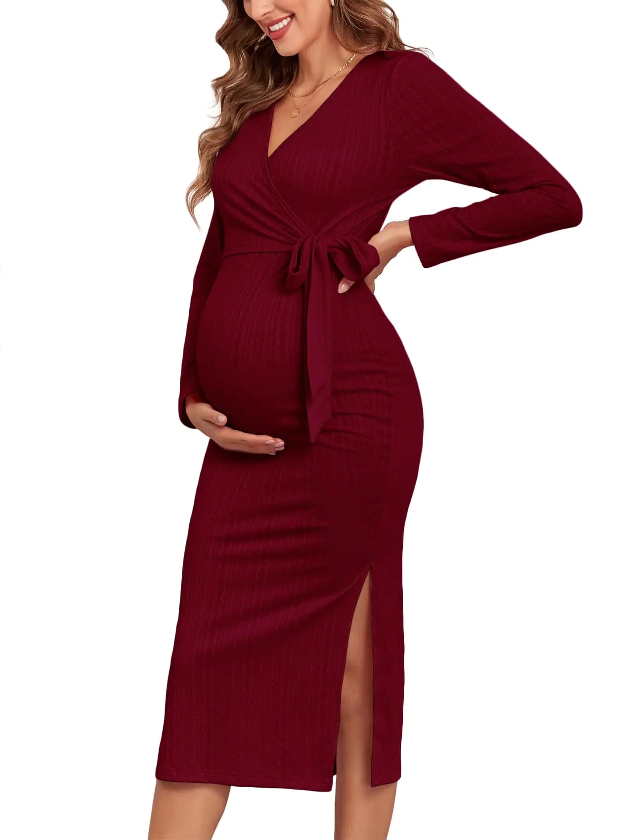 Fall/Winter Christmas Rib Knit Maternity Nursing Dress Knot Side Long Sleeve V Neck Bodycon Wrap Pregnancy Split Dresses Burgundy Small