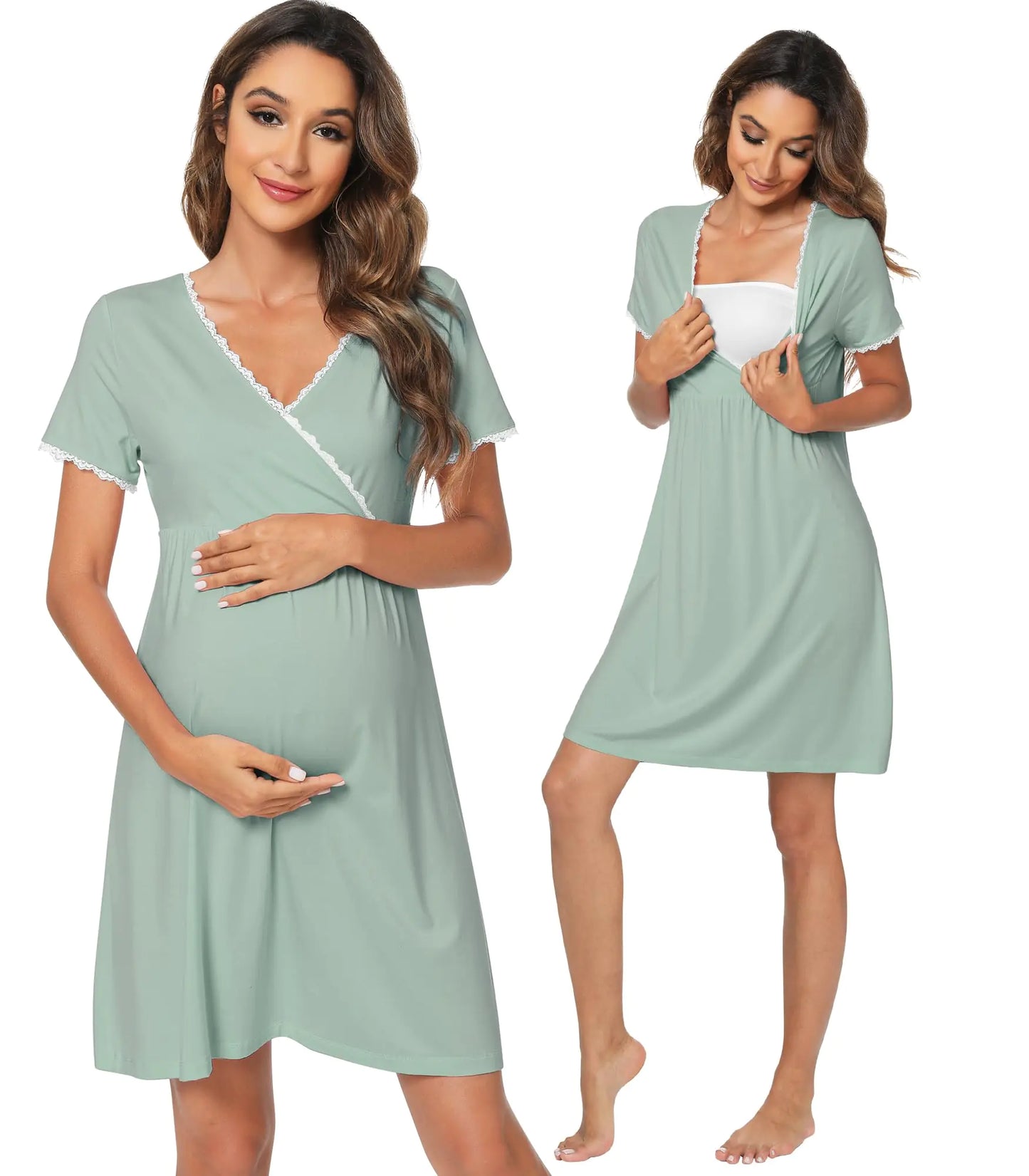 Soft Viscose from Bamboo 3 in 1 Maternity/Delivery/Nursing Labor Nightgowns Breastfeeding Sleep Shirt Gowns S-XXL Sage Green Small
