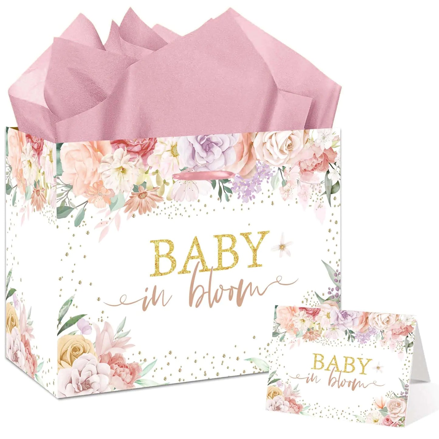 Baby Gift Bag Large Floral Baby in Bloom Gift Bag with Tissue Paper and Card with Envelope for Baby Girl Gifts Birthday Kids – Pink Baby Shower Wrapping Paper for Baby Shower Party Decorations