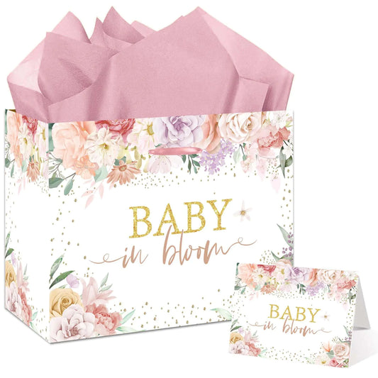 Baby Gift Bag Large Floral Baby in Bloom Gift Bag with Tissue Paper and Card with Envelope for Baby Girl Gifts Birthday Kids – Pink Baby Shower Wrapping Paper for Baby Shower Party Decorations