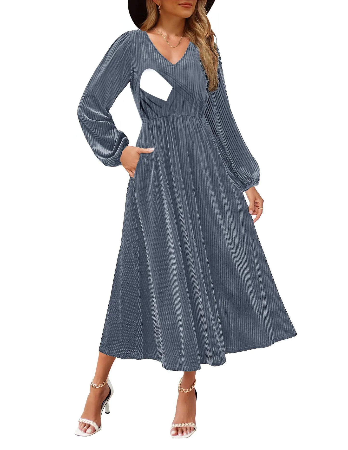 Velvet Wedding Dress for Women Maternity Nursing Friendly Long Sleeve V Neck Evening Postpartum Long Dresses with Pockets(GreyblueLarge)