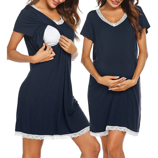 Women's Maternity Ruffled Lace Nursing Dress