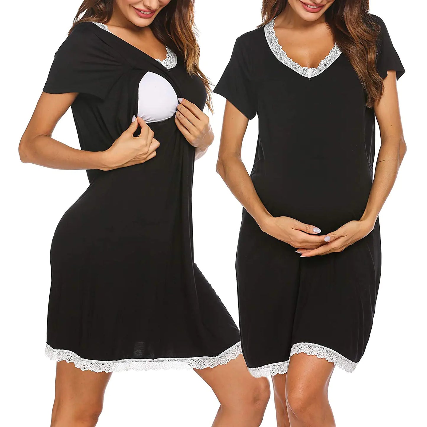 Women's Maternity Ruffled Lace Nursing Dress