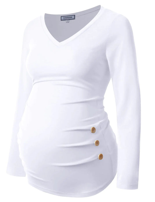 GINKANA Maternity Shirt Long Sleeve Basic Top Ruch Sides Buttons Tshirt for PregnantWhiteXXL