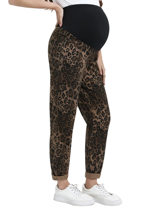 Yornobly Womens Maternity Jeans Leopard Print Boyfriend Jeans Trendy Over Belly Stretch Denim Pregnancy Pants