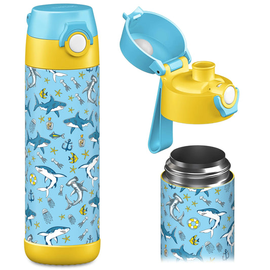 Jarlson® Mali Childrens Water Bottle Thermal Stainless Steel Water Bottle BPA-Free Leak-Proof Childrens Bottle with Chug Lid Bottle for School Nursery (Sharks 500 ml)