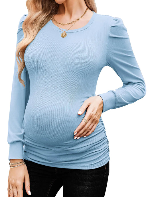 Ekouaer Womens Maternity Shirts Long Sleeve Pregnancy Tops Basic Ribbed Knit Pregnant Blouses Blue Large