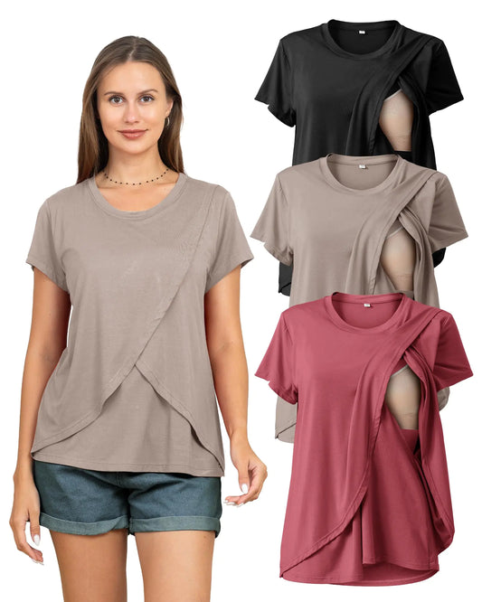 3 Pack Womens Nursing Tops for Breastfeeding Summer Short Sleeve T Shirts Postpartum Double Layer ClothesBlack&Beige&Deep Pink M