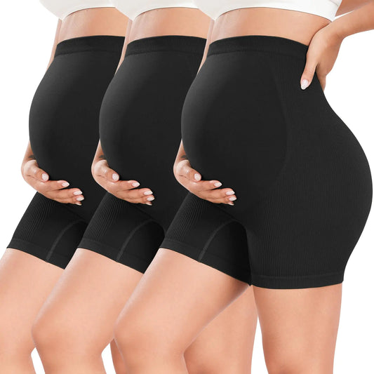 Ribbed Maternity Shorts Over The Belly Seamless 5" Pregnancy Workout Athletic Biker Shorts for Women (UR079S-3B)