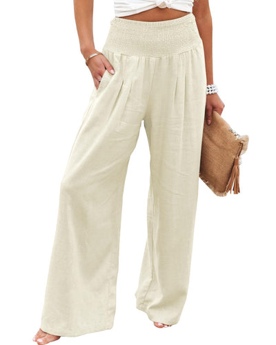 Smocked High-Waist Palazzo Pants – Flowy Wide-Leg Beach & Vacation Pants