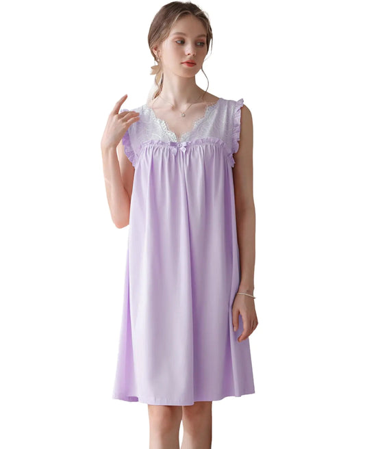 Nanxson Womens Knitted Cotton Nightgown Sleepwear Sleeveless Sleep Dress V Neck Lace Nightwear Victorian Loungewear (MediumPurple)