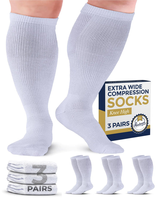 Pembrook 3 Pairs Compression Socks for Women Wide Calf Compression Socks for Women Plus Size Wide Calf Socks for Women Plus Size Compression Socks for Women White