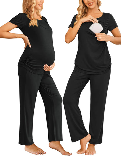Ekouaer Nursing Pajama Set Maternity Sleepwear Set Delivery Loungewear Pregnancy Pajamas Nursing Pjs Black L
