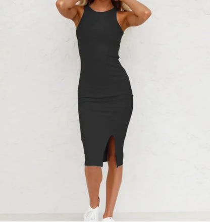 Solid Color Sleeveless Knit Split Long Dress – Women's Summer Casual Vest Dress