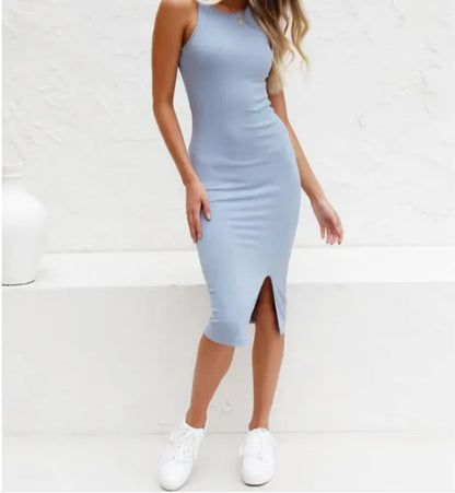 Solid Color Sleeveless Knit Split Long Dress – Women's Summer Casual Vest Dress