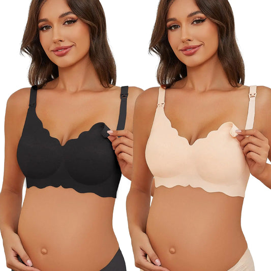 Gailife 2 Pack Floral Nursing Bras for Breastfeeding Comfort Maternity Bras for Pregnancy Seamless Bralettes with Extra Extender -BKBGL Black/Beige