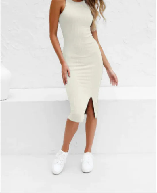Solid Color Sleeveless Knit Split Long Dress – Women's Summer Casual Vest Dress