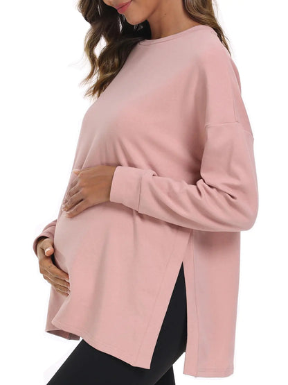 Womens Casual Maternity Shirts Long Sleeve Soft and Comfy Pregnancy Tee Tops Side Split Maternity Clothes Dusty Pink