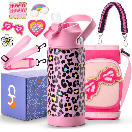 Choco Mocha Kids Water Bottle For School Kids Insulated Water Bottle Stainless Steel Girls Water Bottle 14Oz Gift Pink Leopard