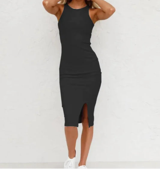 Solid Color Sleeveless Knit Split Long Dress – Women's Summer Casual Vest Dress