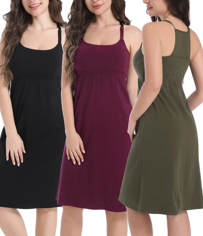 Nursing Tank Tops Dress Breastfeeding Nightgown Sleepwear (Small Black+burgundy+army - 3-Pack)