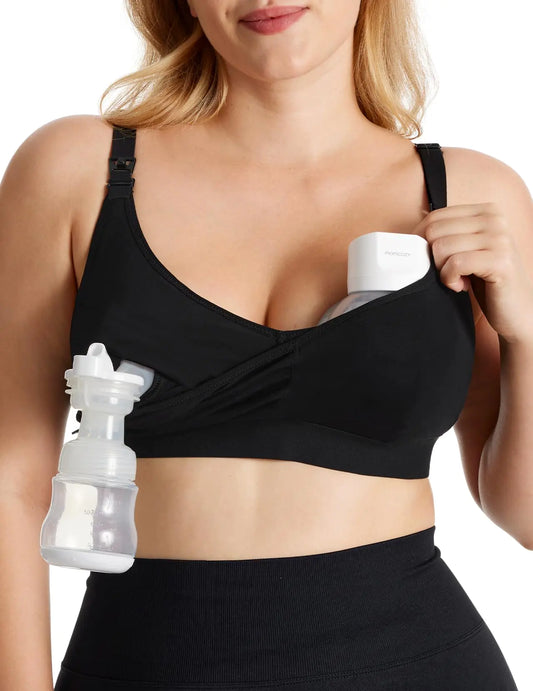 Momcozy V Neck Pumping Bra Hands Free Comfort All-Day Wear Hands Free Breast Pump Bra Pumping & Nursing in One Black