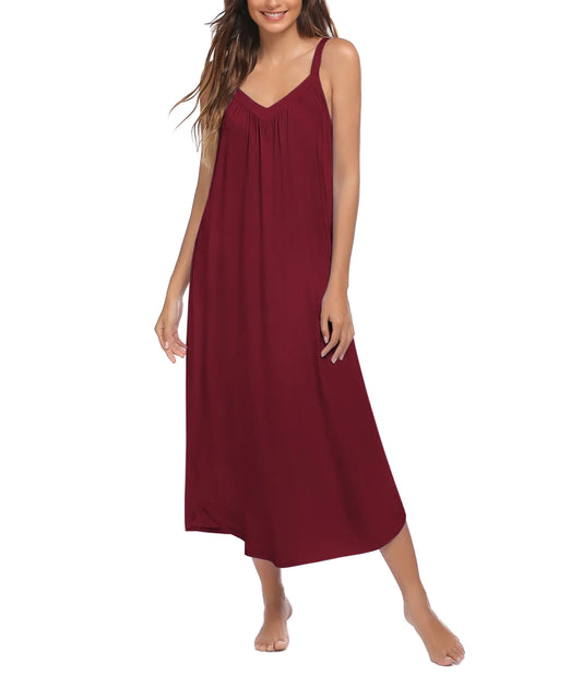 Ekouaer Womens Sleeveless Nightgown Full Slip Nightshirt Print Nightwear Full Length Loungewear Soft Nightdress Wine Red