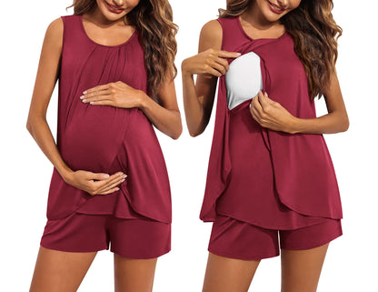 Ekouaer Womens Maternity Nursing Pajamas Set Sleeveless Breastfeeding Shirts Pregnancy Shorts Nursing PJS Wine Red M